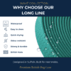 Close-up of the WAVE – Long line in textured teal, with water droplets on the surface. Icons and text showcase its features: waterproof training long line, easy to clean, quick drying, odour resistant, strong, and British made. Premium British Dog Gear branding appears at the bottom.