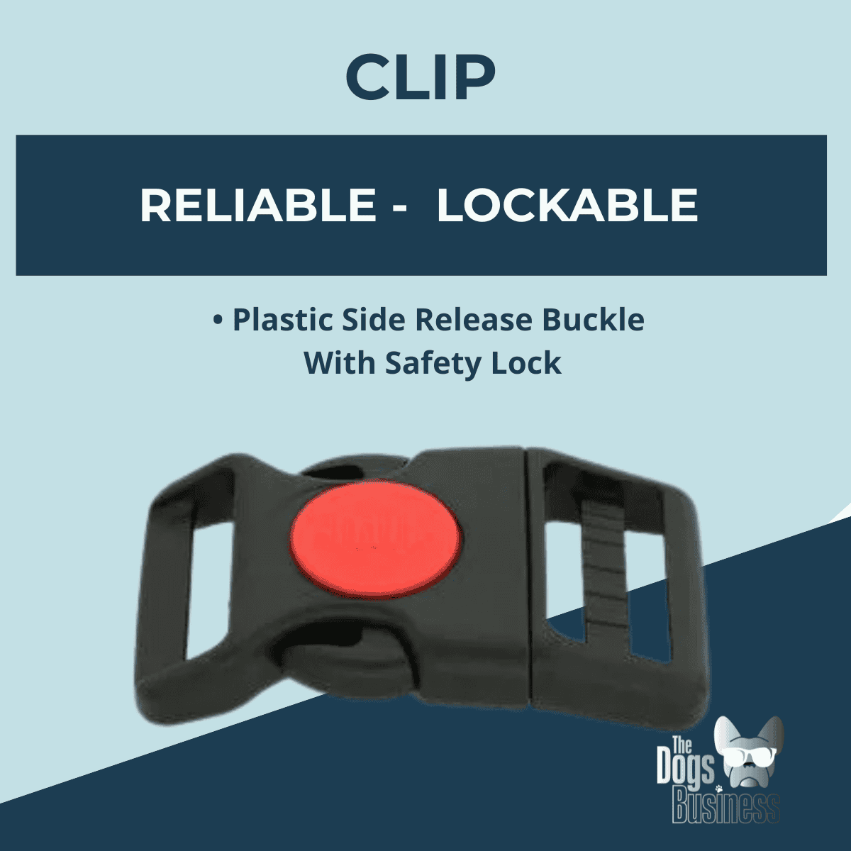 Freedom Belt clip – plastic side release buckle with safety lock, reliable and lockable dog belt fastening.