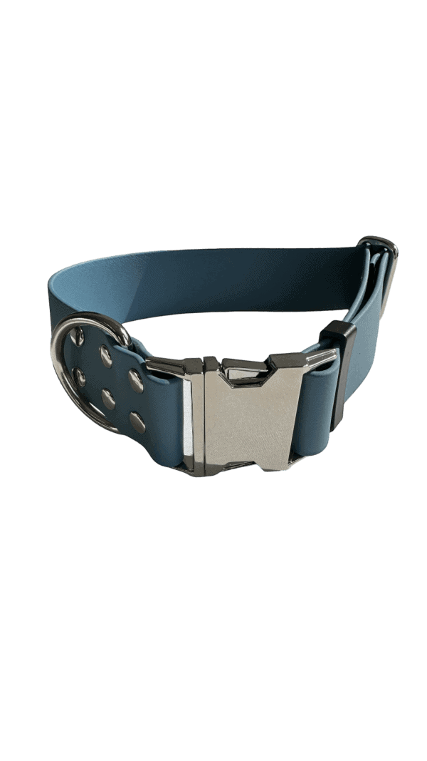 A PETROL BLUE colored Wide Waterproof Buckle Collar - Metal edition, Biothane™, W 38 mm with a silver clasp and metal eyelets. The distinctive metal edition features double loops for additional fastening support. The image showcases the strap slightly coiled to display both the buckle and loops.