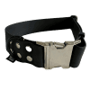 A BLACK colored Wide Waterproof Buckle Collar - Metal edition, Biothane™, W 38 mm with a silver clasp and metal eyelets. The distinctive metal edition features double loops for additional fastening support. The image showcases the strap slightly coiled to display both the buckle and loops.