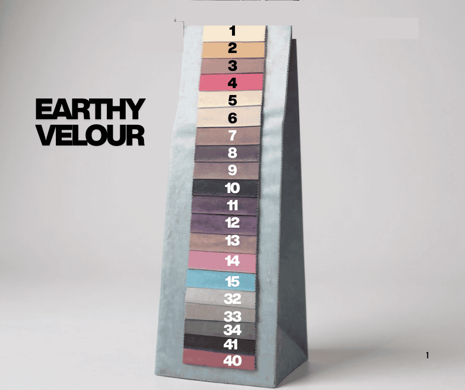 Earthy Velour fabric swatch chart – natural colour options for luxury dog beds in durable, soft velour.