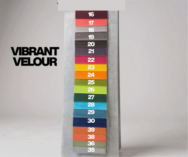Vibrant Velour fabric swatch chart – 39 colour options for luxury dog beds in durable, soft velour.
