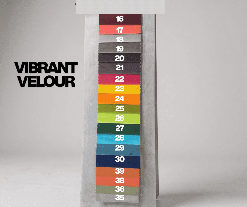 Vibrant Velour fabric swatch chart – 39 colour options for luxury dog beds in durable, soft velour.