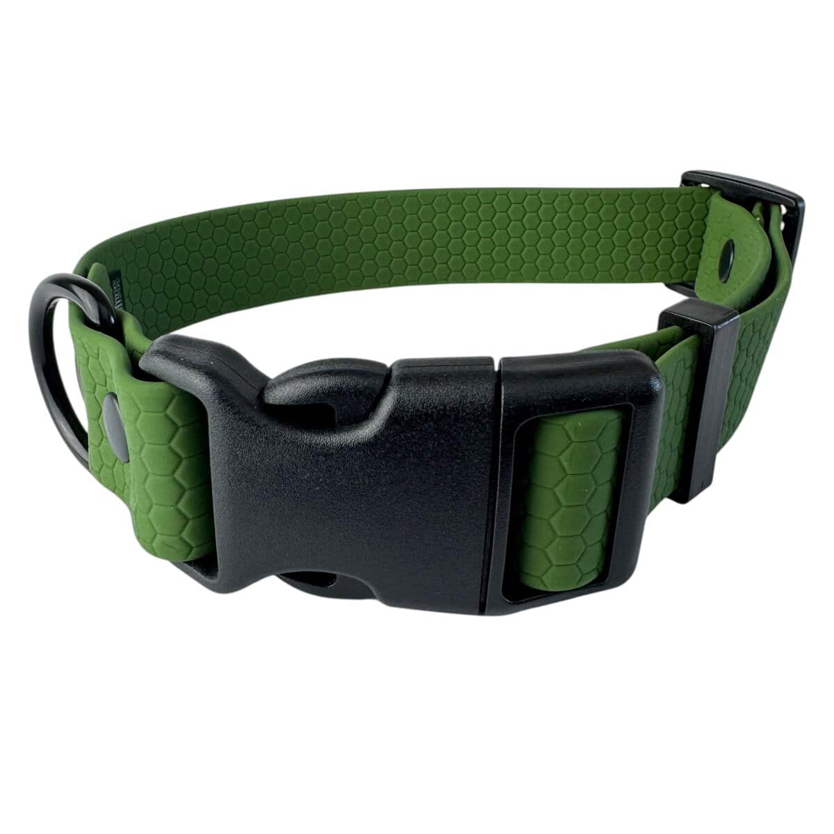 A green dog collar with a hexagonal pattern and a large black plastic buckle, featuring black metal fittings and an adjustable strap.