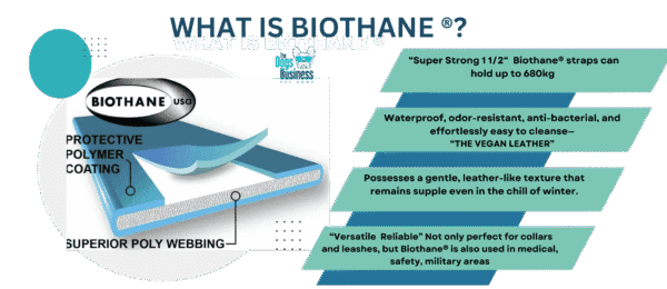Infographic explaining what Biothane is and its key features as a durable coated webbing material