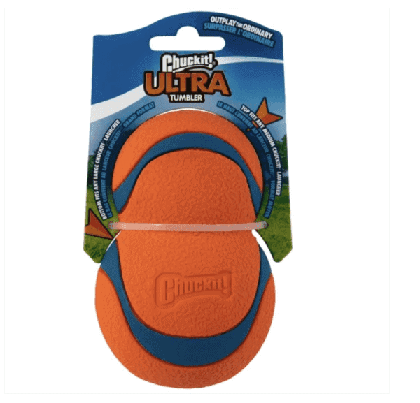 The packaging of the Chuckit! Ultra Tumbler Dog Toy is orange with blue accents, featuring the text "Outplay the ordinary" at the top, and showcases a textured surface for grip.
