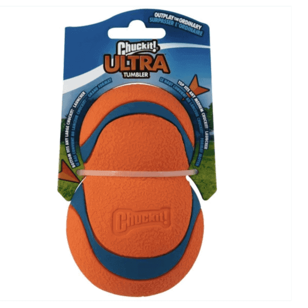 The packaging of the Chuckit! Ultra Tumbler Dog Toy is orange with blue accents, featuring the text "Outplay the ordinary" at the top, and showcases a textured surface for grip.
