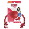 The Kong Ball w/Rope is designed for small dogs up to 35 lbs and includes a red rubber ball with a red/white rope, perfect for chewing, chasing, and fetching. The label features a small image of a girl with her dog.
