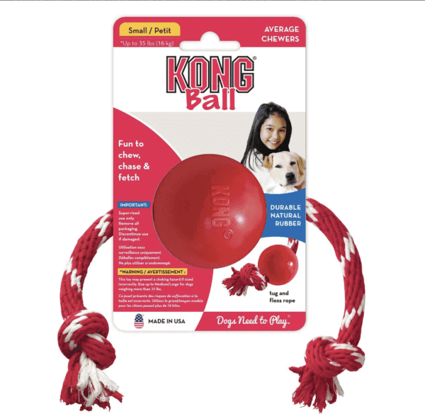 The Kong Ball w/Rope is designed for small dogs up to 35 lbs and includes a red rubber ball with a red/white rope, perfect for chewing, chasing, and fetching. The label features a small image of a girl with her dog.