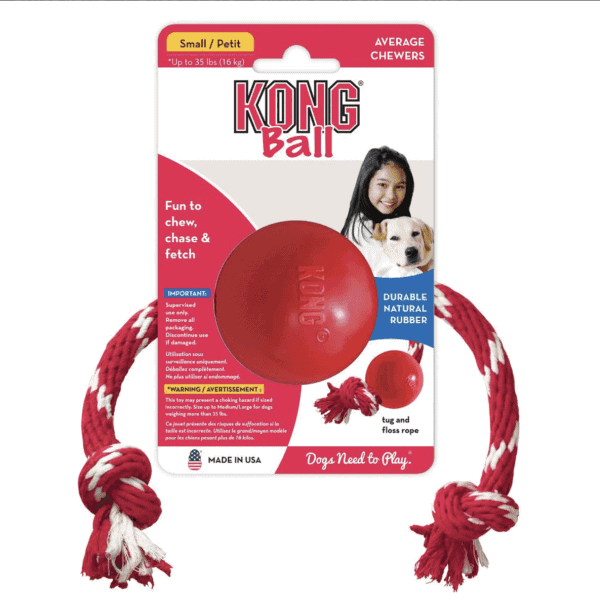 The Kong Ball w/Rope is designed for small dogs up to 35 lbs and includes a red rubber ball with a red/white rope, perfect for chewing, chasing, and fetching. The label features a small image of a girl with her dog.