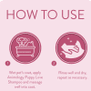 Instructions for Animology Puppy Love Shampoo 250ml: 1) Wet coat, apply shampoo, and massage. Icon: puppy in bathtub. 2) Rinse, dry, repeat if necessary. Icon: towel with clean fur. Background color: pink.