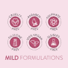 The image shows six icons for Animology Puppy Love Shampoo 250ml, indicating it's cruelty-free, paraben-free, sulphate-free, silicone-free, 100% vegan, and SLS/SLES-free. "MILD FORMULATIONS" is displayed below on a pink background.