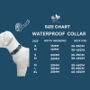 A size chart for premium waterproof dog collars is displayed on a blue background. A white dog mannequin sports a green collar. The chart lists sizes from S to XL with webbing widths from 16mm to 25mm and neck measurements from 25cm to 65cm, perfect for premium products for dogs.