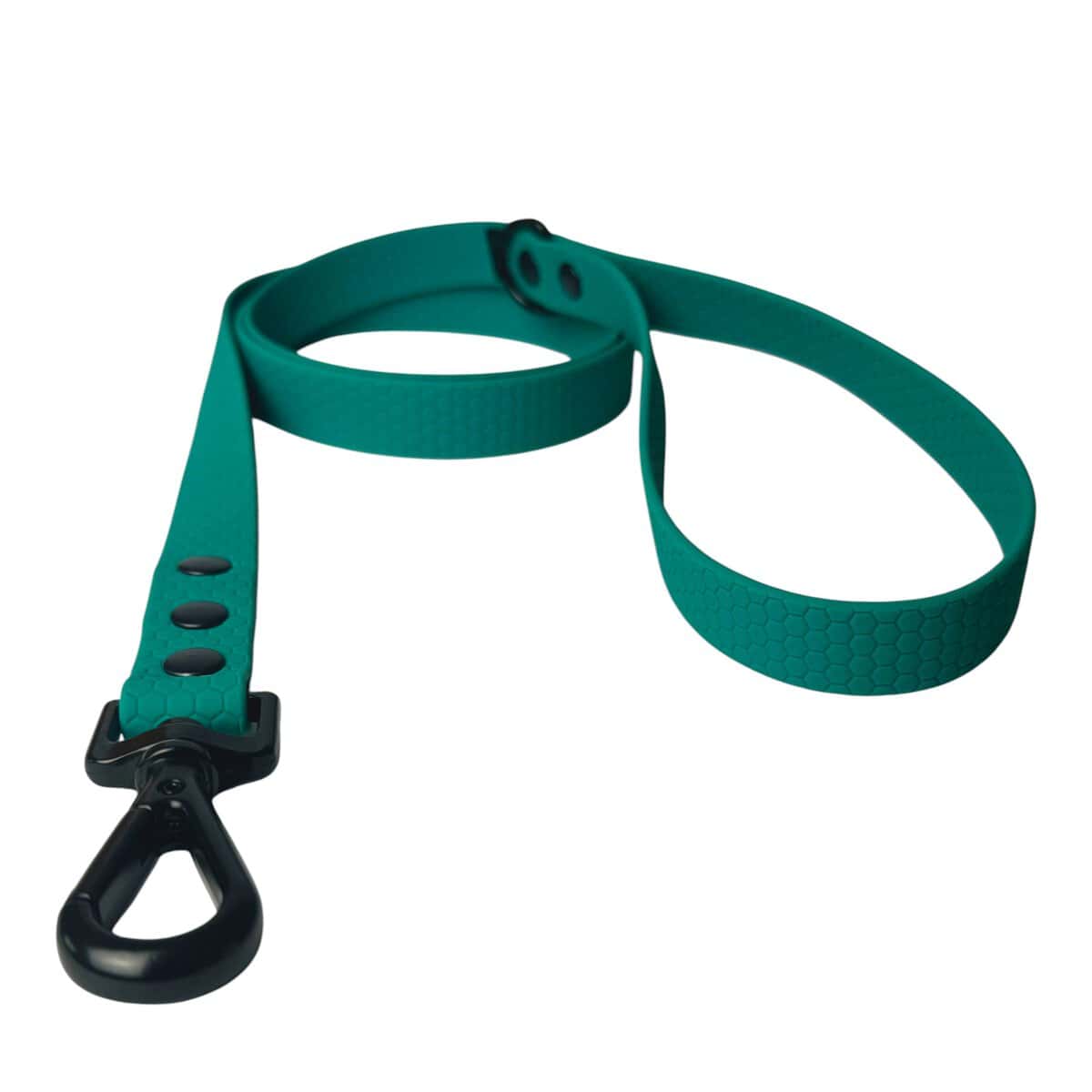 A teal dog lead with a textured pattern, featuring a black clasp at one end and a handle loop at the other. The lead is laid out in a curved shape on a white background.