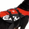 A dog models the EzyDog Dog Flotation Device, a red and black dog life jacket with white lettering, shown from the side against a white background.