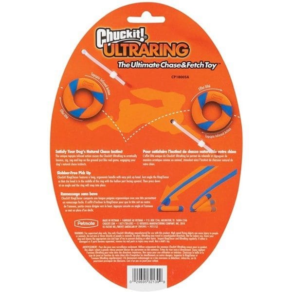 Back of Chuckit! Ultra Ring Dog Toy packaging displays product images, instructions, and features in English and French. The orange and blue toy is made for chasing and fetching, with illustrations and descriptive text.