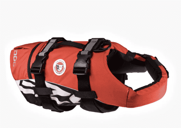 The EzyDog Dog Flotation Device - Life Jackets for Dogs, in red and black, features adjustable straps, a top handle, and a round side logo, providing safety for pets during water activities.