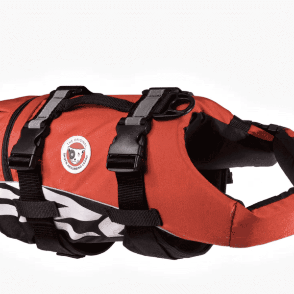 The EzyDog Dog Flotation Device - Life Jackets for Dogs, in red and black, features adjustable straps, a top handle, and a round side logo, providing safety for pets during water activities.