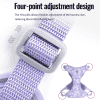 Close-up of a purple harness strap with a plastic buckle, illustrating the four-point adjustment design. An inset diagram of the harness shows the adjustable points for optimal fit. Text above explains harness adjustment benefits.