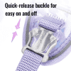 Close-up of a purple strap with a transparent quick-release buckle; black text above reads, "Quick-release buckle for easy on and off," with pink arrows pointing to the buckle.
