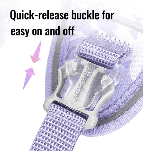 Close-up of a purple strap with a transparent quick-release buckle; black text above reads, "Quick-release buckle for easy on and off," with pink arrows pointing to the buckle.