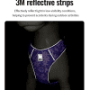 A dog wearing a purple harness with 3M reflective strips that highlight its outline in low light. Text above explains the strips help prevent accidents during outdoor activities by enhancing visibility.