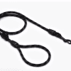 A black and gray braided rope dog leash with a metal clip at one end and a loop handle at the other, displayed on a white background.