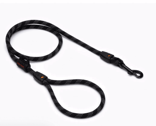 A black and gray braided rope dog leash with a metal clip at one end and a loop handle at the other, displayed on a white background.