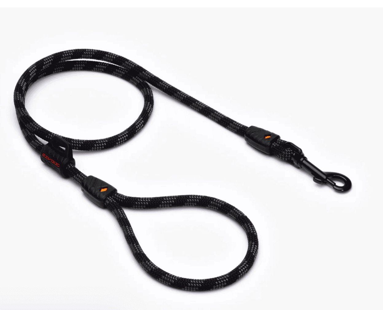 A black and gray braided rope dog leash with a metal clip at one end and a loop handle at the other, displayed on a white background.