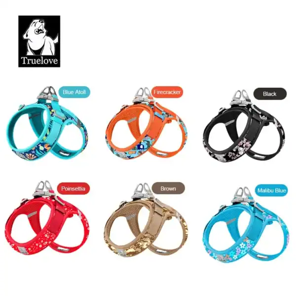 Six Truelove Cooling Dog Harnesses (Dual D-Rings & Hook-and-Loop TLH30131) in Blue Atoll, Firecracker, Black, Poinsettia, Brown, and Malibu Blue are shown in two rows with vibrant patterns and solid colors.