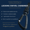 A black locking swivel carabiner with a lead attached is displayed on a dark blue background. The features and benefits of the Freedom Handle—a hands-free dog walking attachment designed for multi-dog control—are listed in white text beside it.