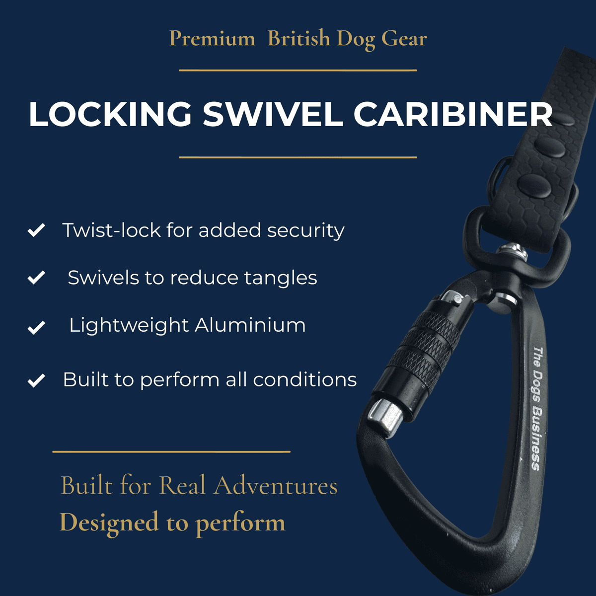 A black locking swivel carabiner with a lead attached is displayed on a dark blue background. The features and benefits of the Freedom Handle—a hands-free dog walking attachment designed for multi-dog control—are listed in white text beside it.