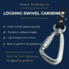 Freedom Handle: Shown against a blue background, this silver locking swivel carabiner with a black strap features a twist-lock mechanism, swivelling design, and is crafted from lightweight yet durable aluminium. Designed for real adventures, the Freedom Handle serves as the perfect hands-free dog walking attachment for controlling multiple dogs—providing you security and convenience every step of the way.