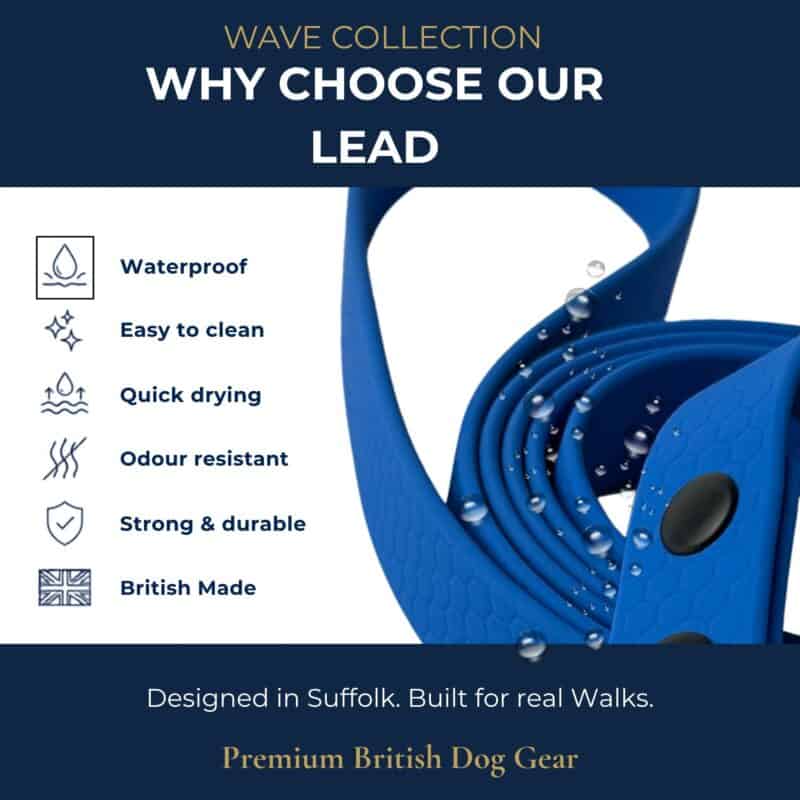 Blue dog lead with water droplets. Key features: waterproof, easy to clean, quick drying, odour resistant, strong and durable, made in Britain. Showcasing our innovative Freedom Handle and an optional Hands-Free Dog Walking Attachment for multi-dog control. Part of the Wave Collection—discover why to choose our lead for premium British dog gear.