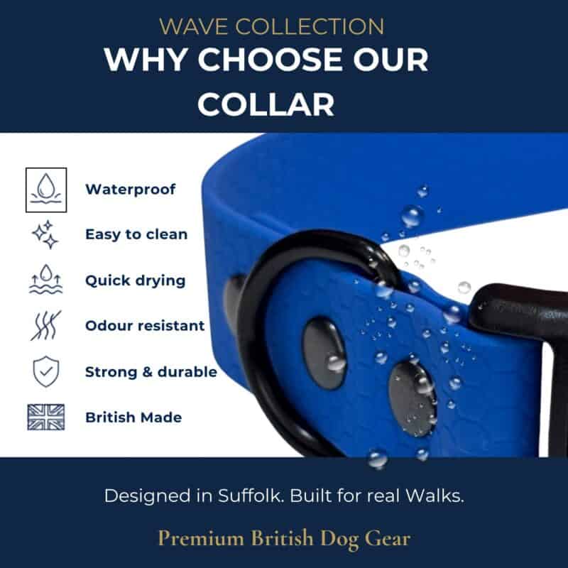 A blue Freedom Handle dog collar with water droplet motifs, showcasing icons and text that emphasise its waterproof, quick-drying, odour-resistant, durable features and British-made quality. Comes with a Freedom Handle attachment for added control during hands-free walks or when walking multiple dogs. Text reads: "Premium British Dog Gear.