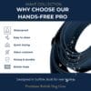 The Freedom Handle, a dark blue dog lead coiled against a white background, showcases icons for waterproofing, easy cleaning, quick drying, odour resistance, strength and durability. Proudly British made and labelled as premium dog kit, it features the innovative Freedom Handle—an ideal attachment for hands-free walking and convenient multi-dog control.