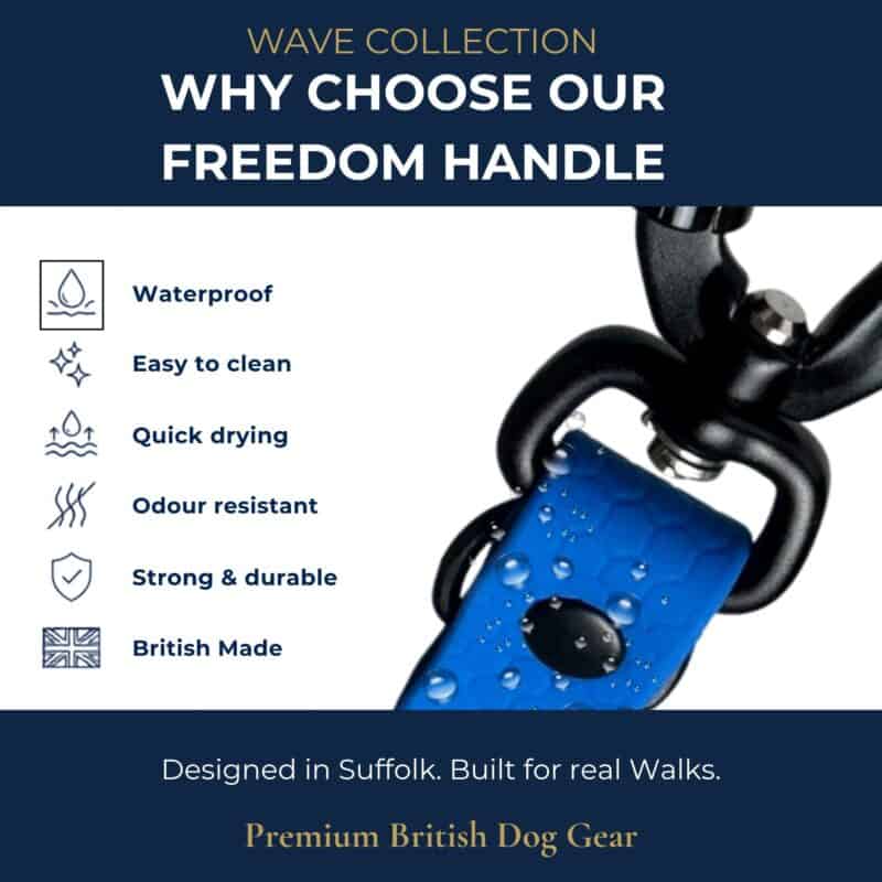 Close-up of a blue dog lead with a black metal clip. This British-made lead is designed in Suffolk and features waterproof, easy-to-clean, quick-drying, odour-resistant, strong, and durable materials. It includes the Freedom Handle—ideal as a hands-free dog walking attachment for multi-dog control.
