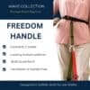 A person in a pink shirt demonstrates the Freedom Handle from the Wave Collection, designed in Suffolk—a hands-free dog walking attachment for multi-dog control. Two leads are securely fastened to a waist belt, while highlighted text showcases the features of the Freedom Handle.