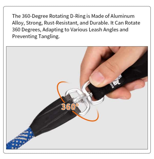 360-degree rotating D-ring on slip lead dog leash - tangle-free nylon rope leash design