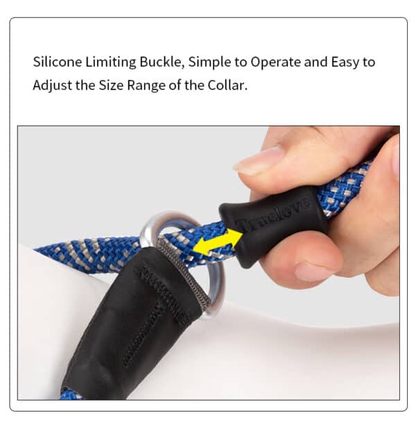Silicone safety stopper on adjustable dog leash - slip collar leash size control feature