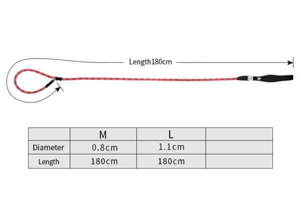 Dog training lead size chart - 180cm slip lead dog leash diameter options M and L