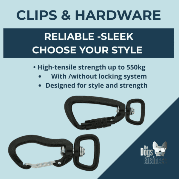 Freedom Handle clips and hardware, high-tensile carabiners with optional locking system, designed for style and strength.