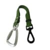 The Freedom Handle is designed with a green strap featuring a silver locking carabiner on one end and a black plastic swivel hook on the other, making it perfect for hands-free dog walking, multi-dog control, or securely attaching and carrying items with ease.