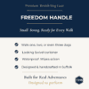A promotional graphic for the Freedom Handle highlights its ability to walk up to three dogs, secure locking swivel carabiner, waterproof construction, and handcrafted design in Suffolk. This hands-free lead attachment ensures comfortable control for multi-dog adventures.