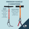 Freedom Handle dog lead attachment in two variations: clip-on handle with carabiner for fast secure connection to the Freedom Belt, and slide-on handle that fits onto any belt for a simple hands-free setup.”