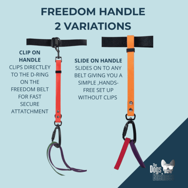 Freedom Handle dog lead attachment in two variations: clip-on handle with carabiner for fast secure connection to the Freedom Belt, and slide-on handle that fits onto any belt for a simple hands-free setup.”