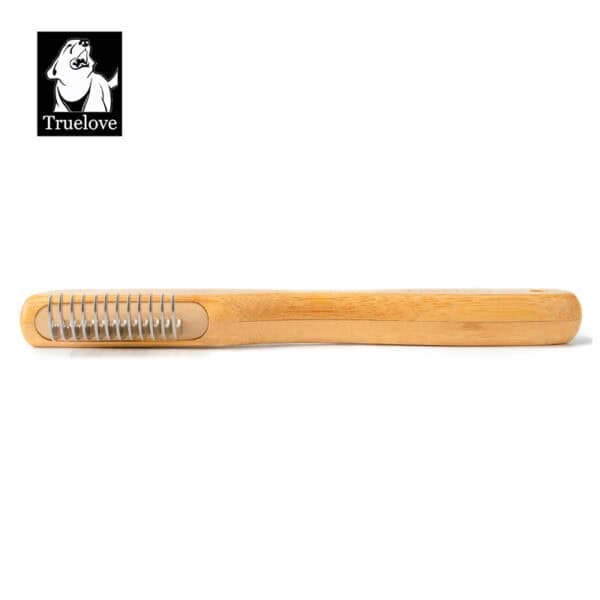 The Truelove Bamboo Pet Shedding Comb, a wooden grooming tool with metal teeth for hair removal, is shown from the side. The "Truelove" logo featuring a dog illustration appears in the top left corner.