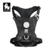 The Truelove TLH6771 LED Dog Harness features black and gray plaid, adjustable straps, reflective trim, a center round plastic attachment, metal ring, and a dog’s face logo with built-in GPS tracker smart safety.
