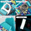 Close-up images highlight features of the Truelove Easy Fit Quick-Release Pet Harness with Dual D-Rings: aluminum alloy D-rings, quick-release buckle, hook and loop fastener, reflective strip, and vibrant turquoise patterns.