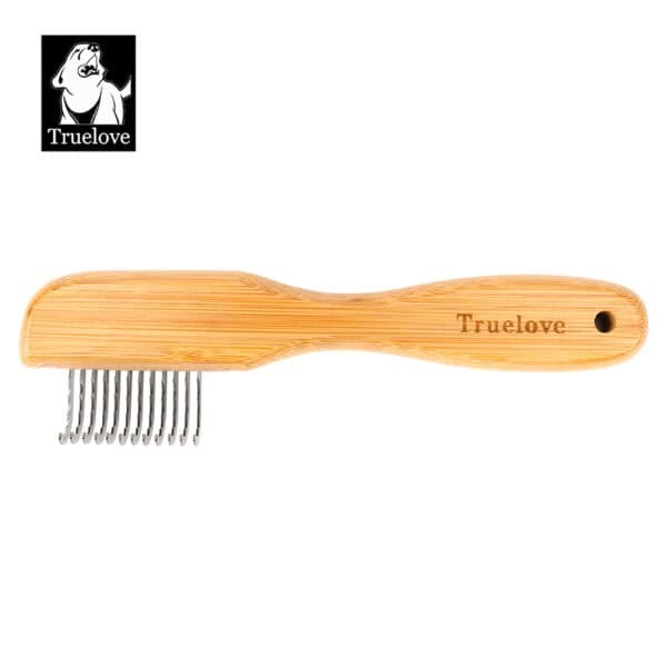 The Truelove Bamboo Pet Shedding Comb - Hair Removal Grooming Tool features a curved wooden handle, metal teeth, and the Truelove dog logo displayed in the top left corner.